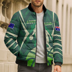 Australian Boomers Basketball Bomber Puffer Jacket Green Hexagon Camo Style With Dynamic Slam Dunk Graphic