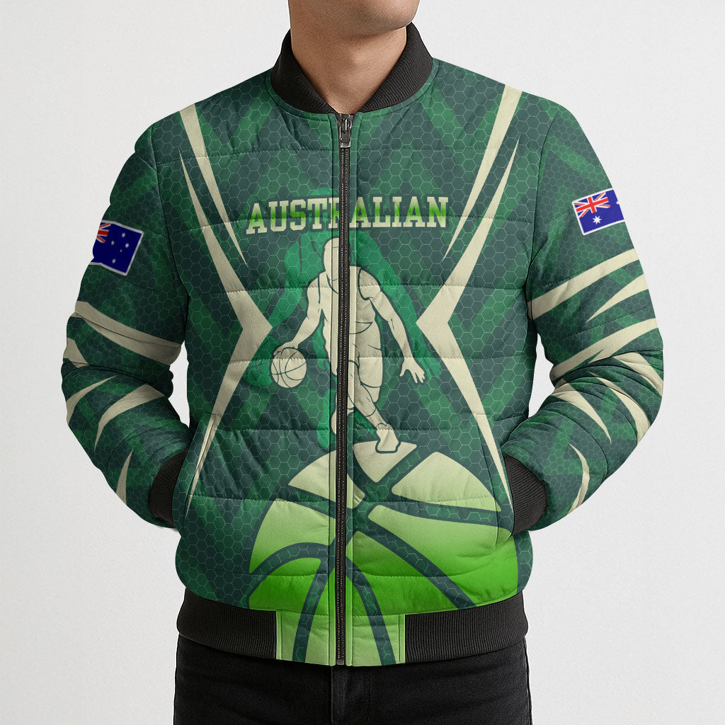 Australian Boomers Basketball Bomber Puffer Jacket Green Hexagon Camo Style With Dynamic Slam Dunk Graphic