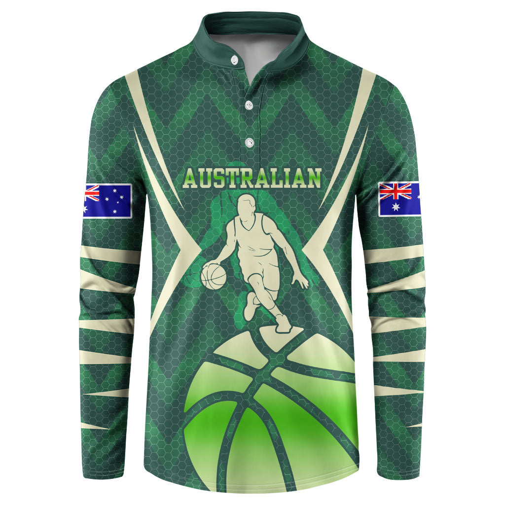 Australian Boomers Basketball Button Sweatshirt Green Hexagon Camo Style With Dynamic Slam Dunk Graphic