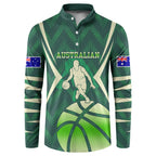 Australian Boomers Basketball Button Sweatshirt Green Hexagon Camo Style With Dynamic Slam Dunk Graphic