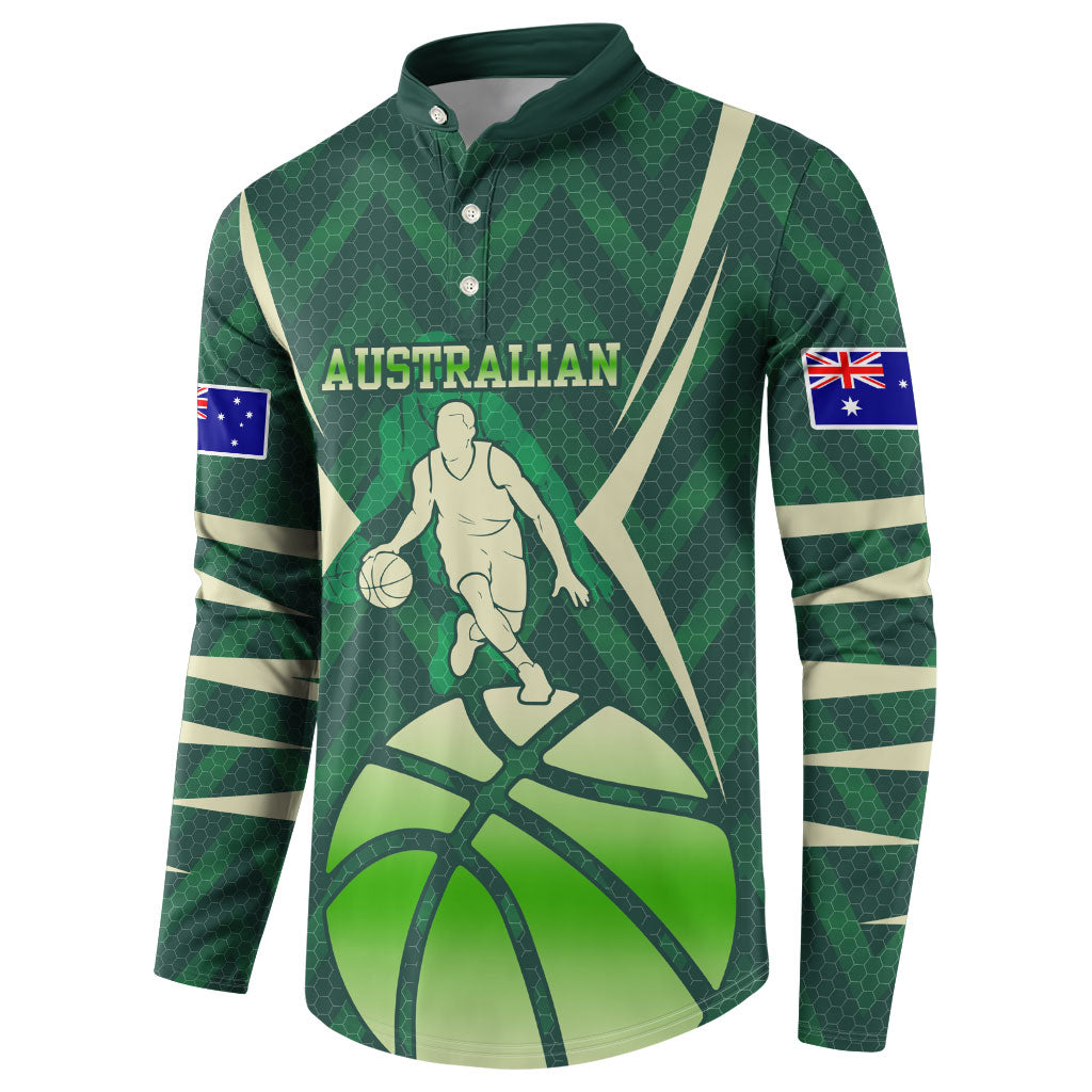 Australian Boomers Basketball Button Sweatshirt Green Hexagon Camo Style With Dynamic Slam Dunk Graphic