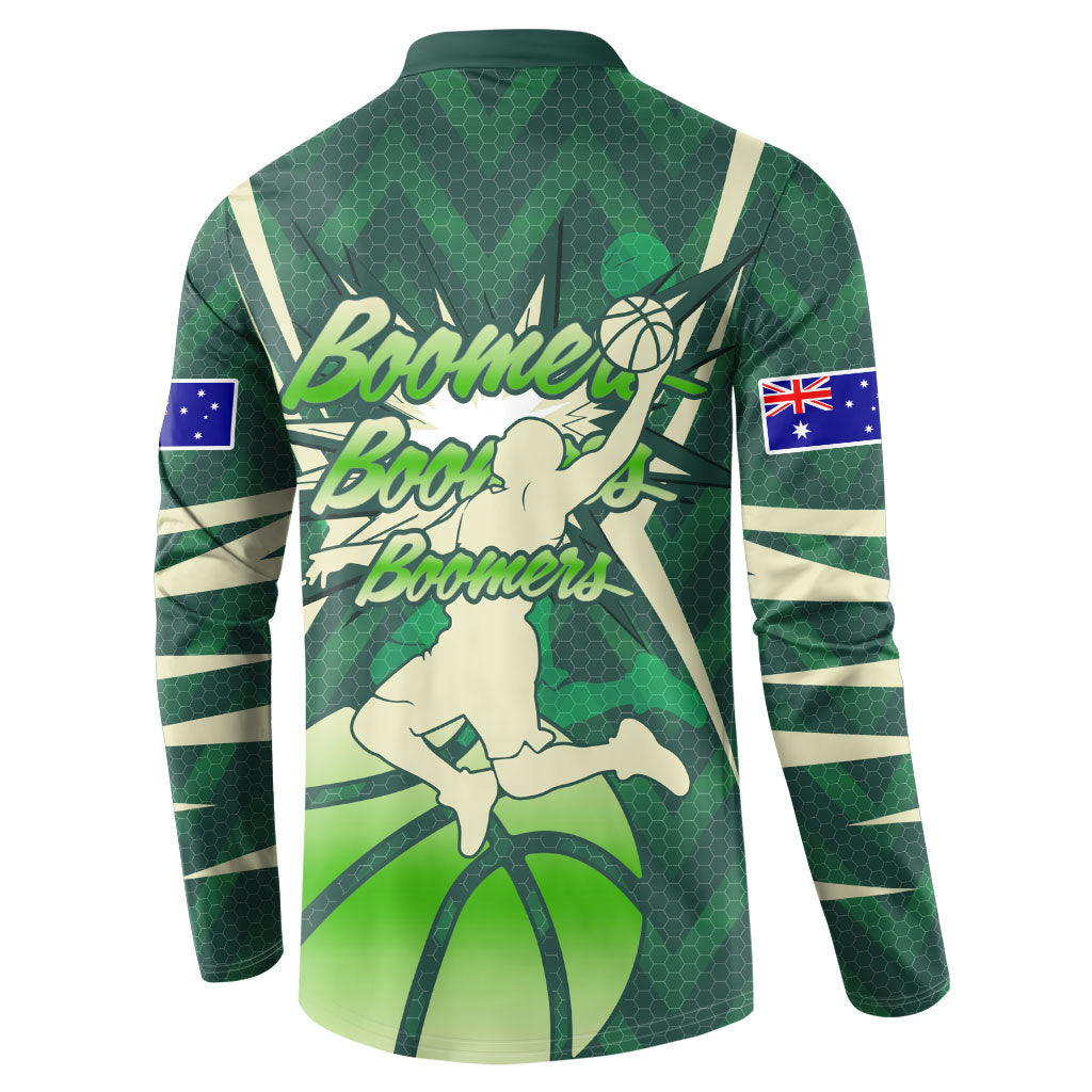 Australian Boomers Basketball Button Sweatshirt Green Hexagon Camo Style With Dynamic Slam Dunk Graphic