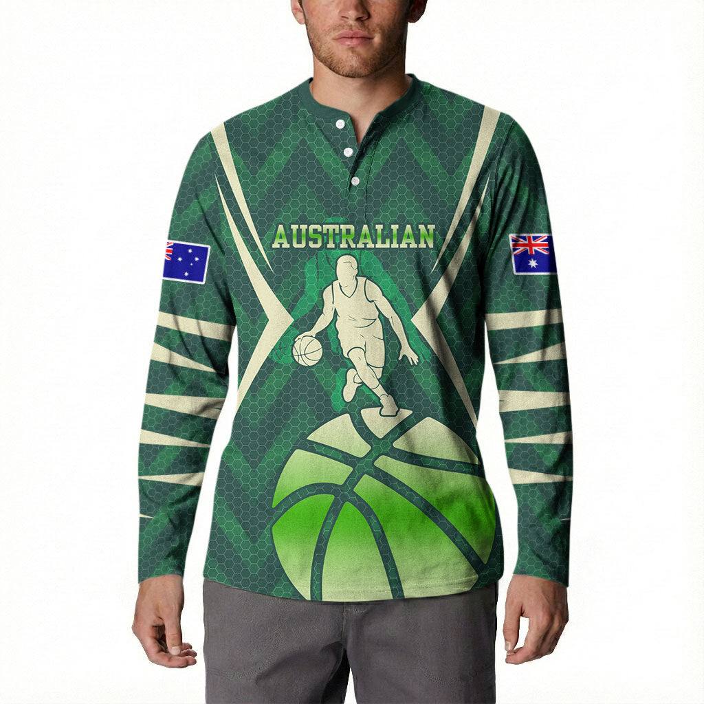 Australian Boomers Basketball Button Sweatshirt Green Hexagon Camo Style With Dynamic Slam Dunk Graphic