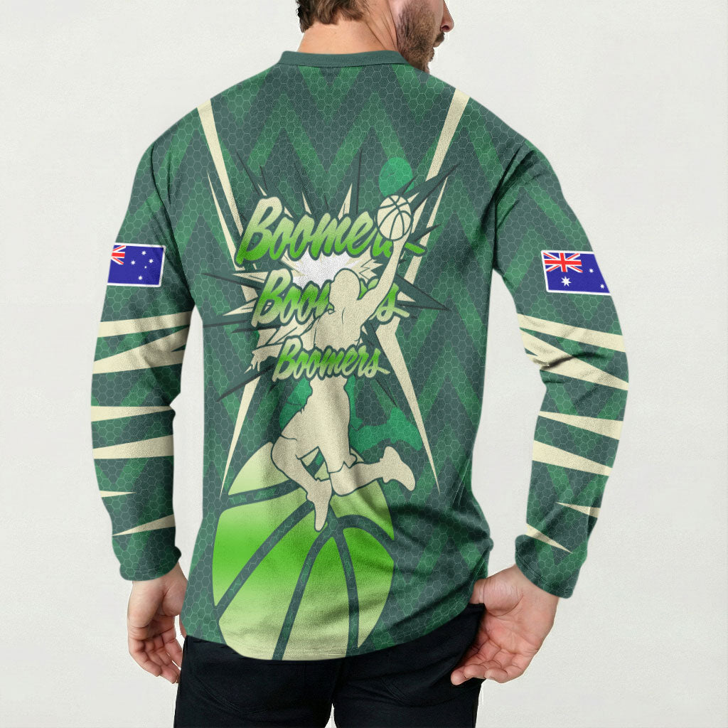 Australian Boomers Basketball Button Sweatshirt Green Hexagon Camo Style With Dynamic Slam Dunk Graphic