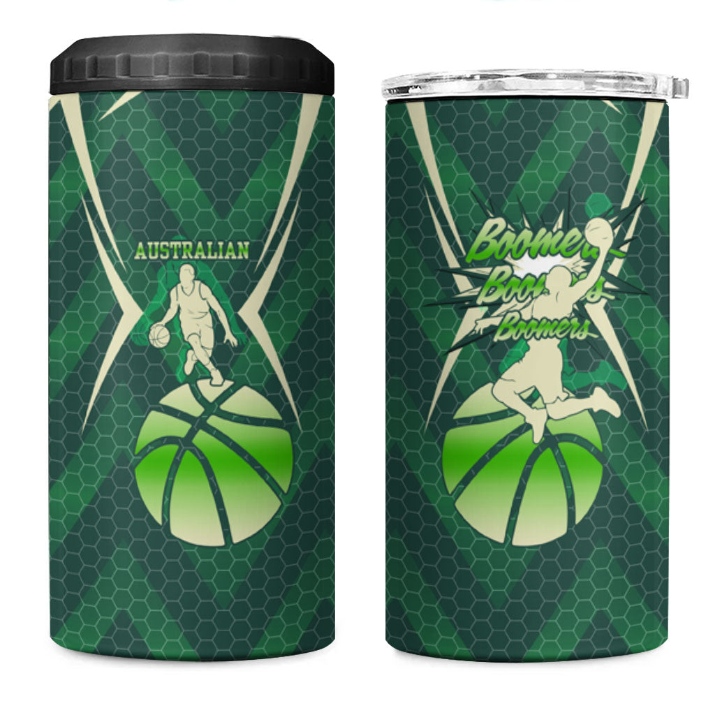 Australian Boomers Basketball 4 in 1 Can Cooler Tumbler Green Hexagon Camo Style With Dynamic Slam Dunk Graphic