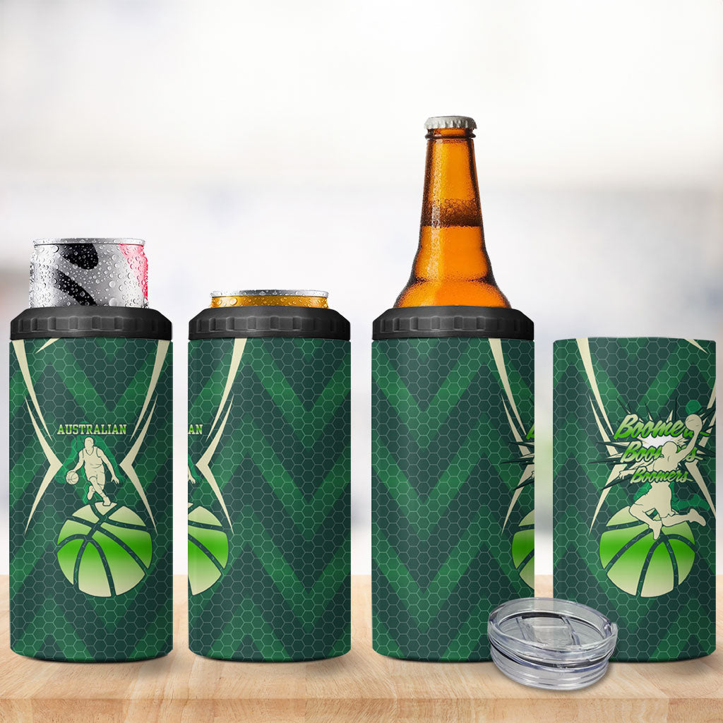 Australian Boomers Basketball 4 in 1 Can Cooler Tumbler Green Hexagon Camo Style With Dynamic Slam Dunk Graphic