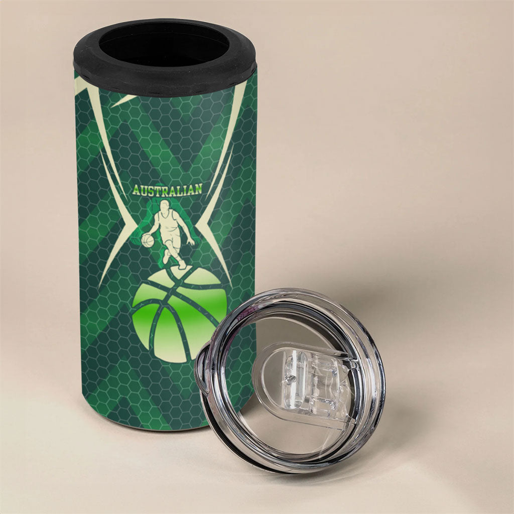Australian Boomers Basketball 4 in 1 Can Cooler Tumbler Green Hexagon Camo Style With Dynamic Slam Dunk Graphic