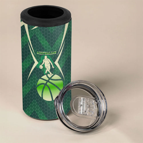 Australian Boomers Basketball 4 in 1 Can Cooler Tumbler Green Hexagon Camo Style With Dynamic Slam Dunk Graphic