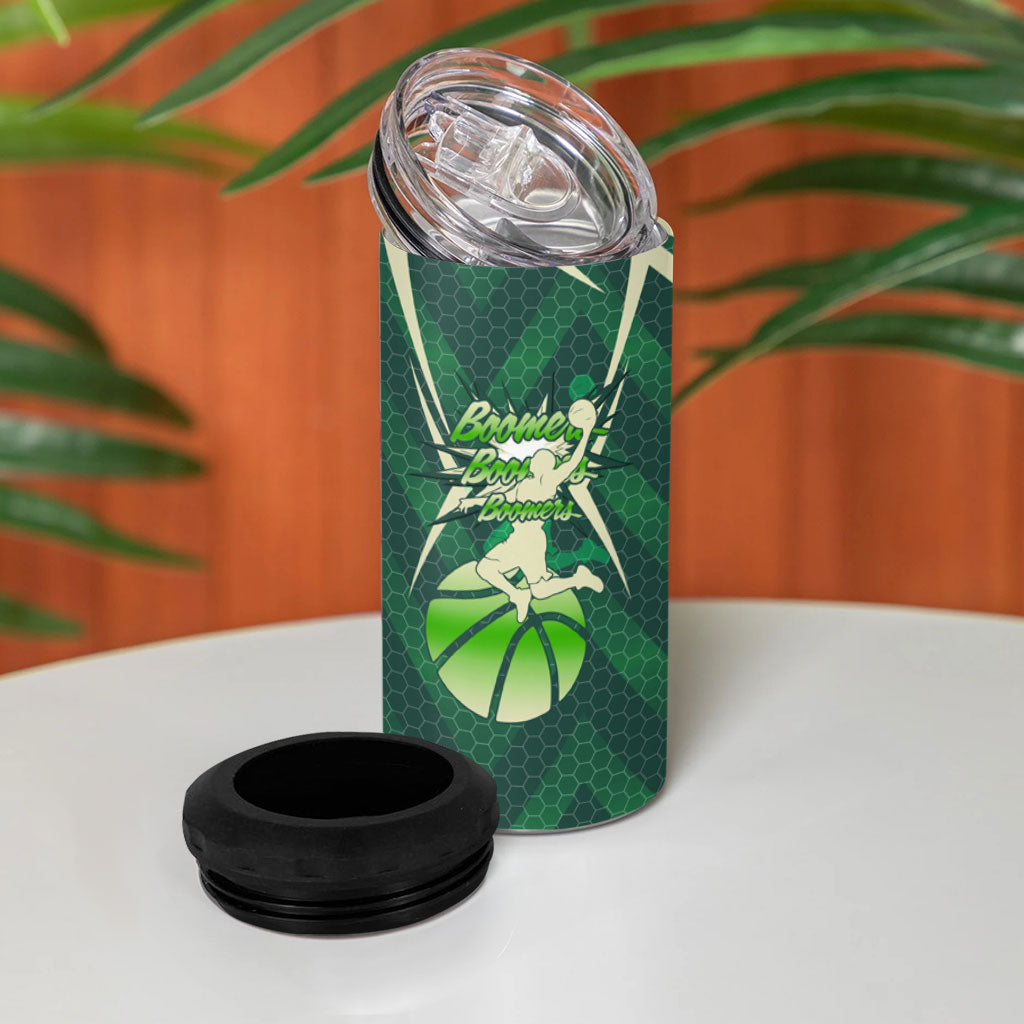 Australian Boomers Basketball 4 in 1 Can Cooler Tumbler Green Hexagon Camo Style With Dynamic Slam Dunk Graphic