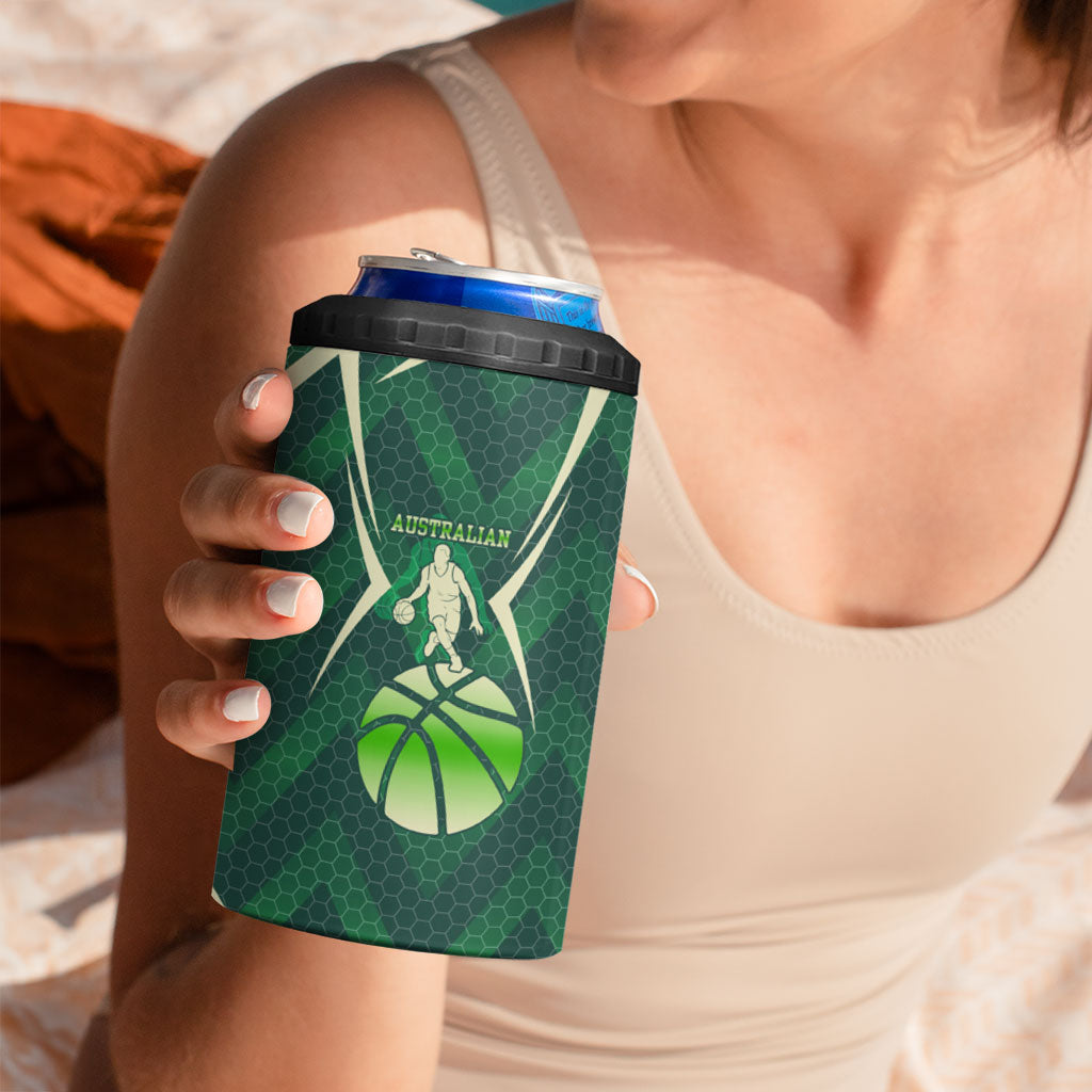 Australian Boomers Basketball 4 in 1 Can Cooler Tumbler Green Hexagon Camo Style With Dynamic Slam Dunk Graphic