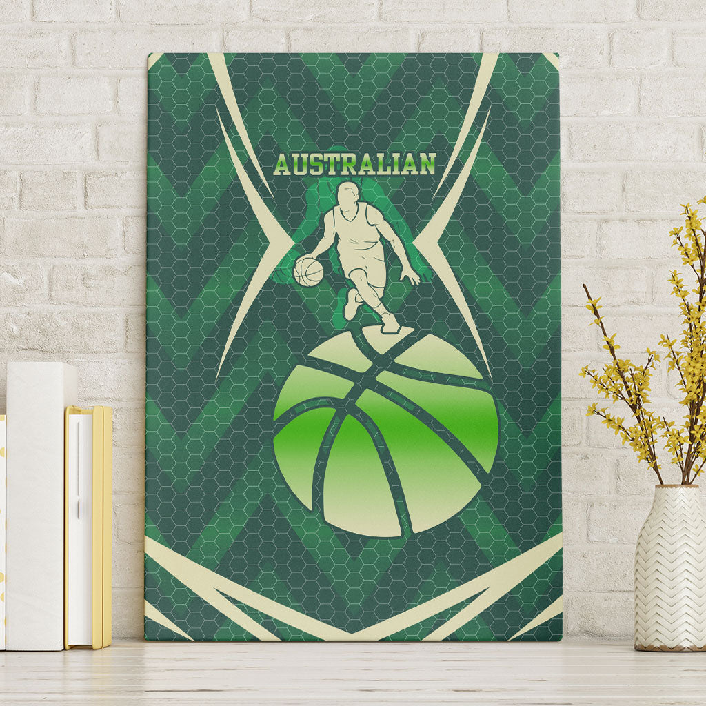 Australian Boomers Basketball Canvas Wall Art Green Hexagon Camo Style With Dynamic Slam Dunk Graphic