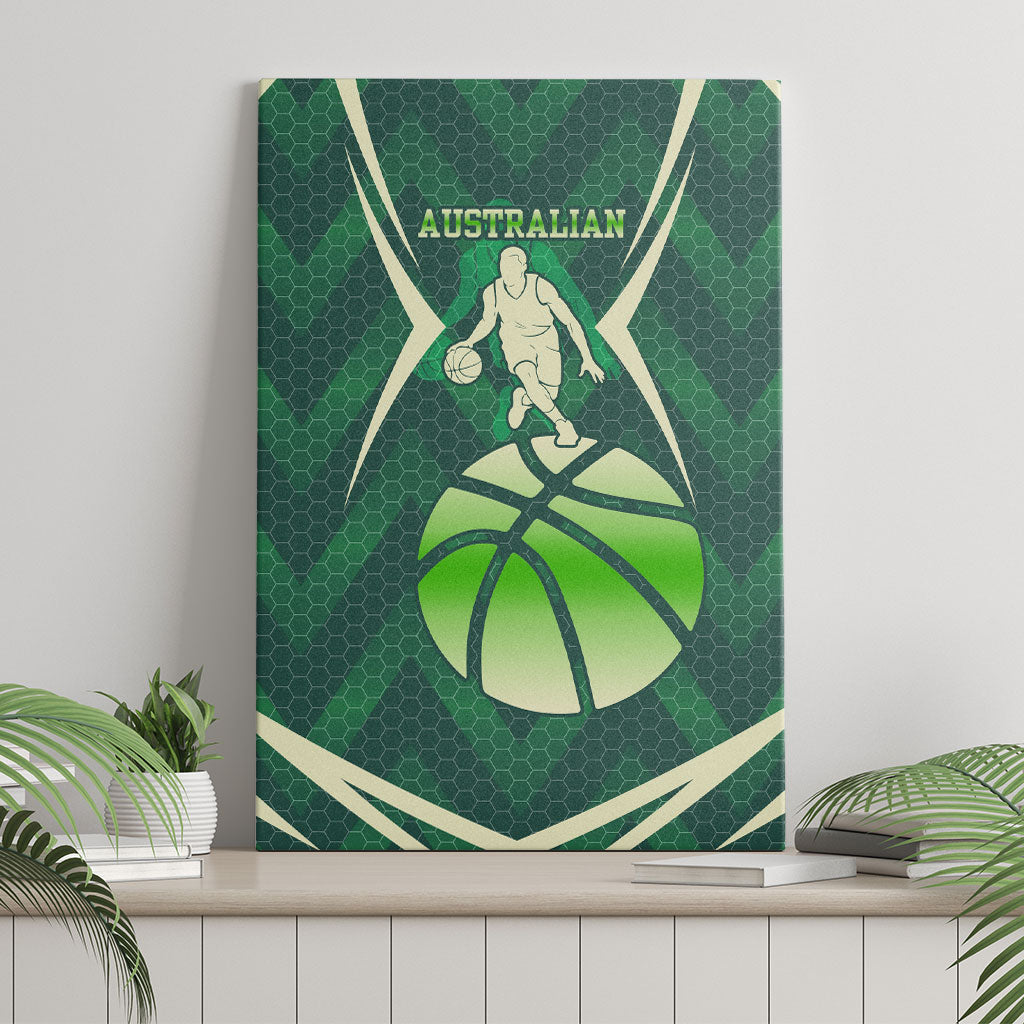 Australian Boomers Basketball Canvas Wall Art Green Hexagon Camo Style With Dynamic Slam Dunk Graphic