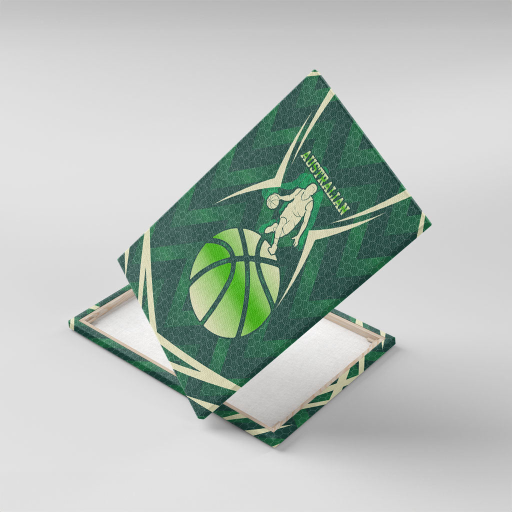Australian Boomers Basketball Canvas Wall Art Green Hexagon Camo Style With Dynamic Slam Dunk Graphic