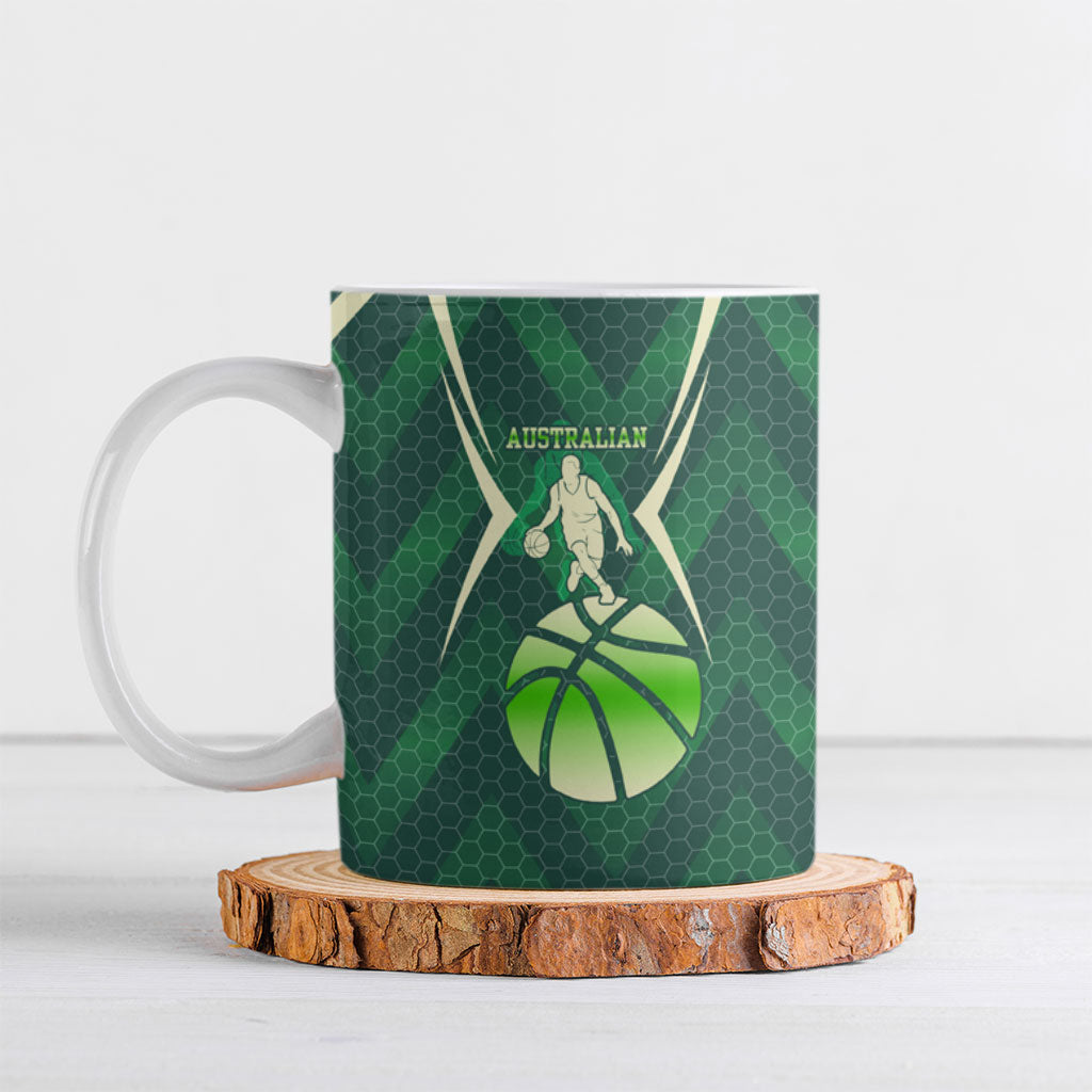 Australian Boomers Basketball Ceramic Mug Green Hexagon Camo Style With Dynamic Slam Dunk Graphic