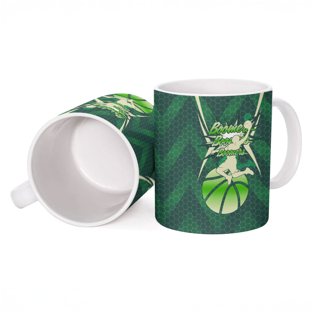 Australian Boomers Basketball Ceramic Mug Green Hexagon Camo Style With Dynamic Slam Dunk Graphic