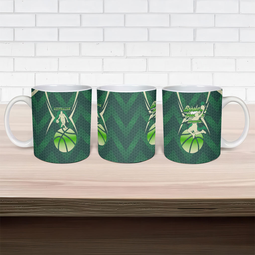 Australian Boomers Basketball Ceramic Mug Green Hexagon Camo Style With Dynamic Slam Dunk Graphic