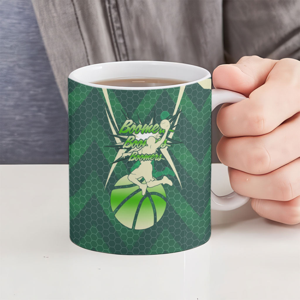 Australian Boomers Basketball Ceramic Mug Green Hexagon Camo Style With Dynamic Slam Dunk Graphic