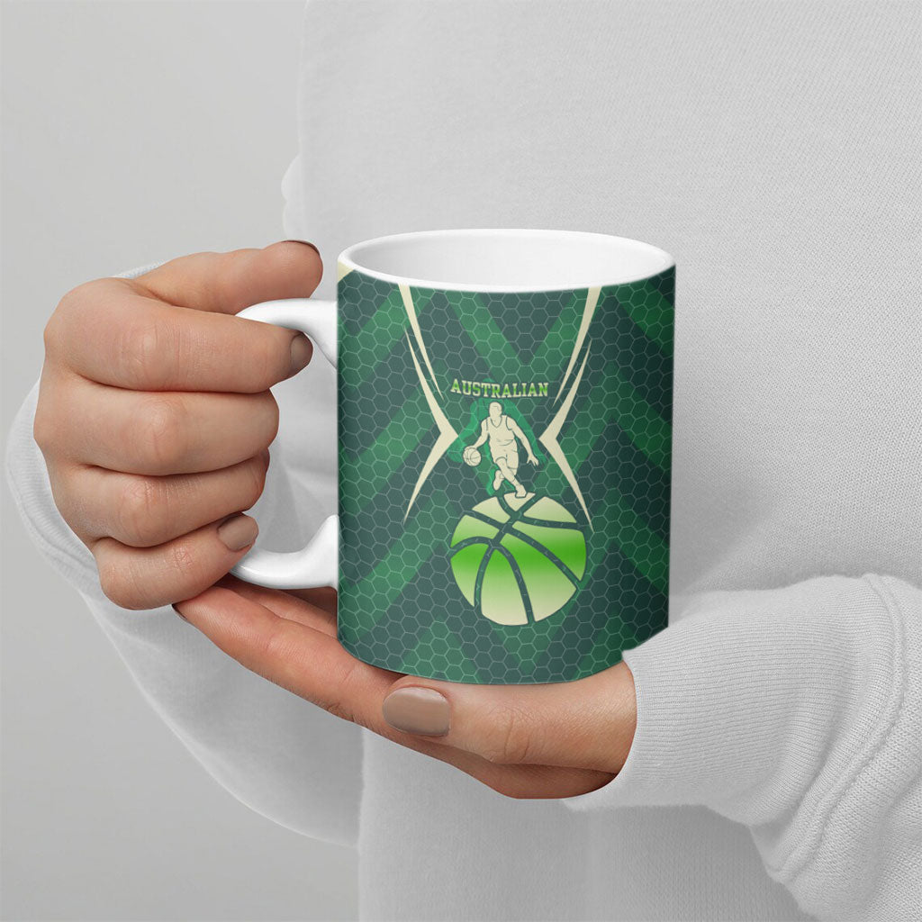 Australian Boomers Basketball Ceramic Mug Green Hexagon Camo Style With Dynamic Slam Dunk Graphic