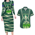 Australian Boomers Basketball Couples Matching Long Sleeve Bodycon Dress and Hawaiian Shirt Green Hexagon Camo Style With Dynamic Slam Dunk Graphic