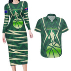 Australian Boomers Basketball Couples Matching Long Sleeve Bodycon Dress and Hawaiian Shirt Green Hexagon Camo Style With Dynamic Slam Dunk Graphic