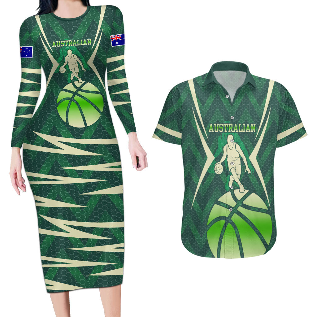 Australian Boomers Basketball Couples Matching Long Sleeve Bodycon Dress and Hawaiian Shirt Green Hexagon Camo Style With Dynamic Slam Dunk Graphic