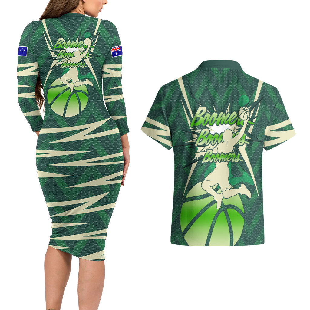 Australian Boomers Basketball Couples Matching Long Sleeve Bodycon Dress and Hawaiian Shirt Green Hexagon Camo Style With Dynamic Slam Dunk Graphic