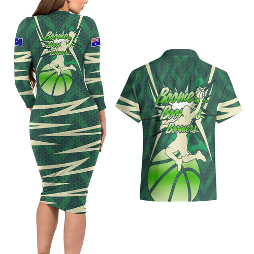Australian Boomers Basketball Couples Matching Long Sleeve Bodycon Dress and Hawaiian Shirt Green Hexagon Camo Style With Dynamic Slam Dunk Graphic