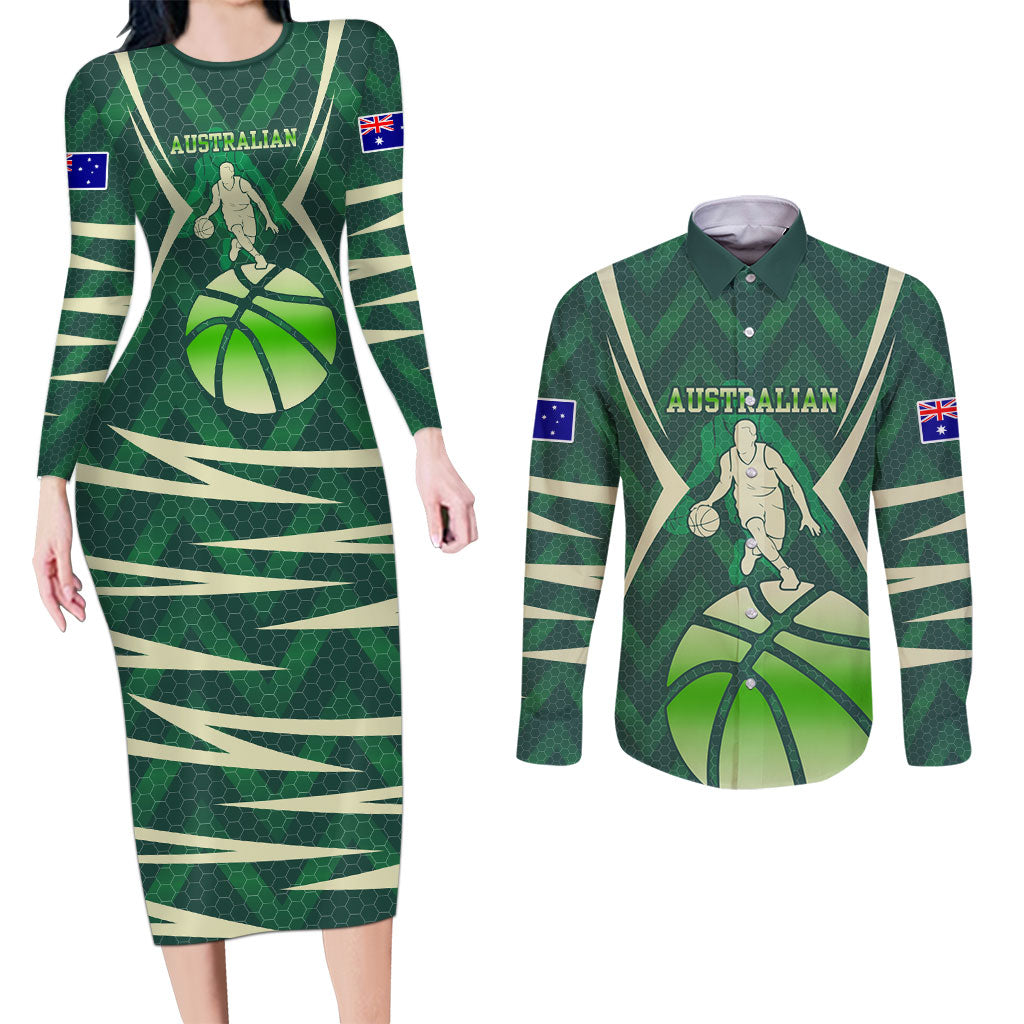 Australian Boomers Basketball Couples Matching Long Sleeve Bodycon Dress and Long Sleeve Button Shirt Green Hexagon Camo Style With Dynamic Slam Dunk Graphic