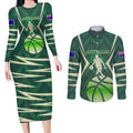 Australian Boomers Basketball Couples Matching Long Sleeve Bodycon Dress and Long Sleeve Button Shirt Green Hexagon Camo Style With Dynamic Slam Dunk Graphic