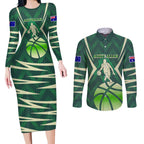 Australian Boomers Basketball Couples Matching Long Sleeve Bodycon Dress and Long Sleeve Button Shirt Green Hexagon Camo Style With Dynamic Slam Dunk Graphic