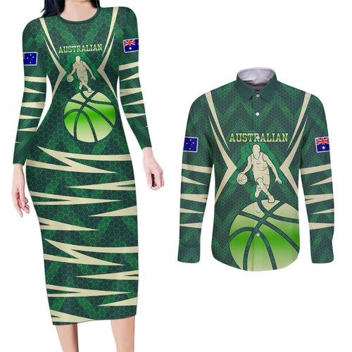 Australian Boomers Basketball Couples Matching Long Sleeve Bodycon Dress and Long Sleeve Button Shirt Green Hexagon Camo Style With Dynamic Slam Dunk Graphic