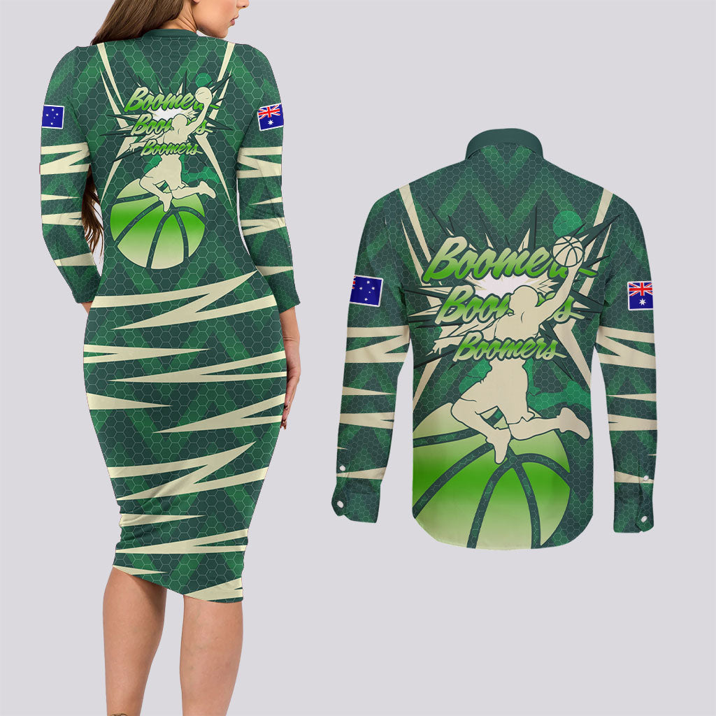 Australian Boomers Basketball Couples Matching Long Sleeve Bodycon Dress and Long Sleeve Button Shirt Green Hexagon Camo Style With Dynamic Slam Dunk Graphic