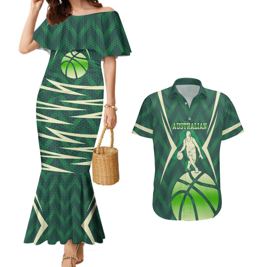 Australian Boomers Basketball Couples Matching Mermaid Dress and Hawaiian Shirt Green Hexagon Camo Style With Dynamic Slam Dunk Graphic