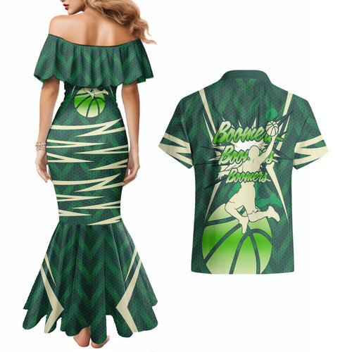 Australian Boomers Basketball Couples Matching Mermaid Dress and Hawaiian Shirt Green Hexagon Camo Style With Dynamic Slam Dunk Graphic