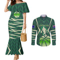 Australian Boomers Basketball Couples Matching Mermaid Dress and Long Sleeve Button Shirt Green Hexagon Camo Style With Dynamic Slam Dunk Graphic