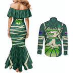 Australian Boomers Basketball Couples Matching Mermaid Dress and Long Sleeve Button Shirt Green Hexagon Camo Style With Dynamic Slam Dunk Graphic