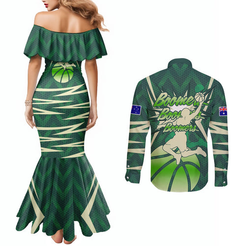 Australian Boomers Basketball Couples Matching Mermaid Dress and Long Sleeve Button Shirt Green Hexagon Camo Style With Dynamic Slam Dunk Graphic