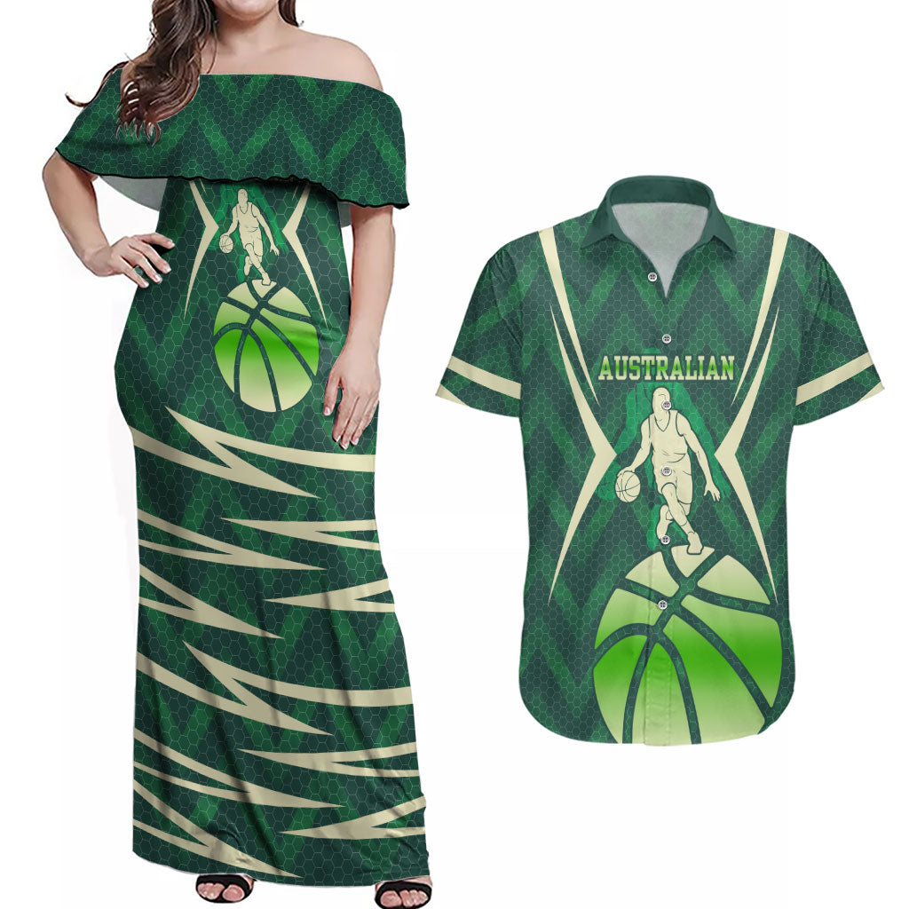 Australian Boomers Basketball Couples Matching Off Shoulder Maxi Dress and Hawaiian Shirt Green Hexagon Camo Style With Dynamic Slam Dunk Graphic