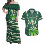 Australian Boomers Basketball Couples Matching Off Shoulder Maxi Dress and Hawaiian Shirt Green Hexagon Camo Style With Dynamic Slam Dunk Graphic