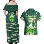 Australian Boomers Basketball Couples Matching Off Shoulder Maxi Dress and Hawaiian Shirt Green Hexagon Camo Style With Dynamic Slam Dunk Graphic