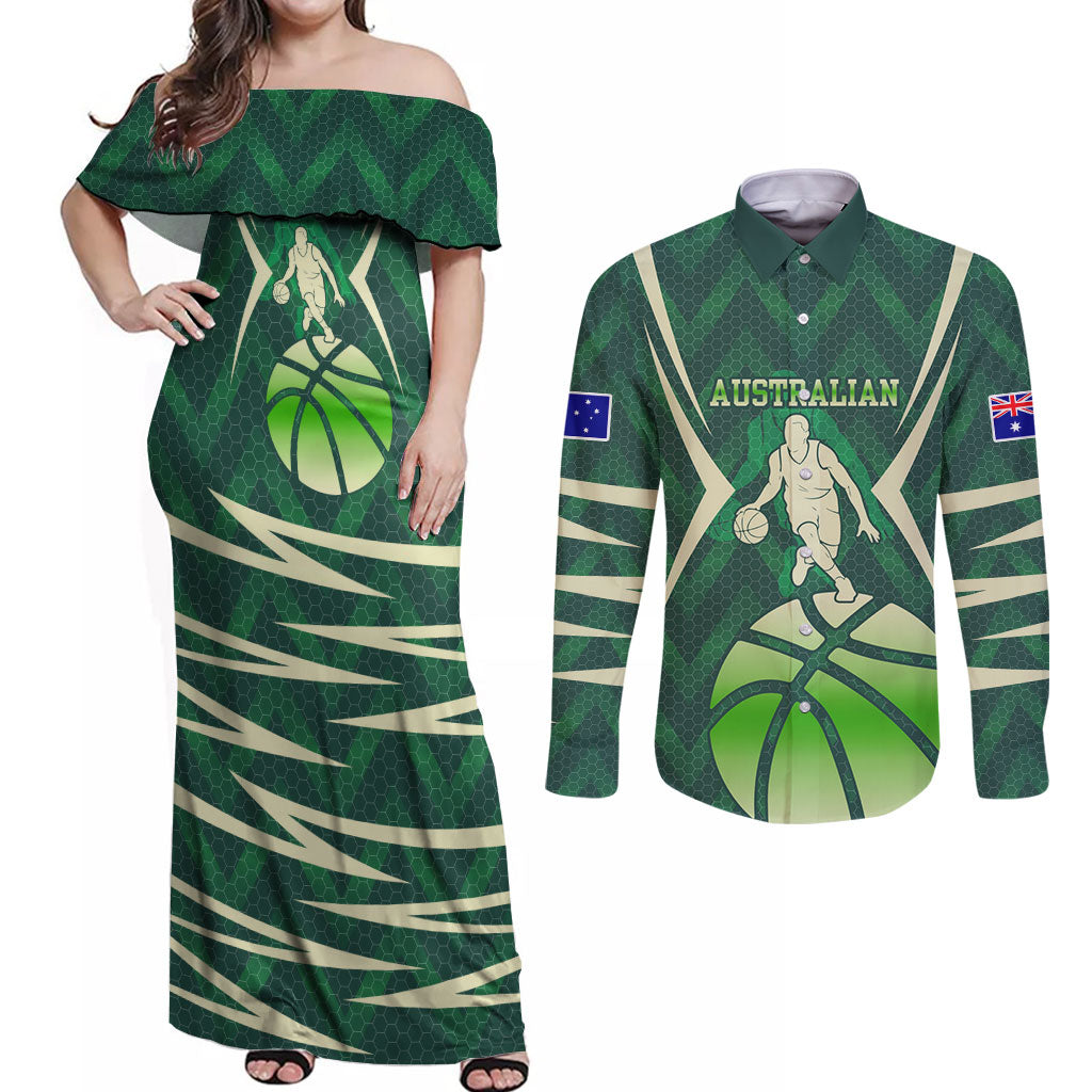 Australian Boomers Basketball Couples Matching Off Shoulder Maxi Dress and Long Sleeve Button Shirt Green Hexagon Camo Style With Dynamic Slam Dunk Graphic