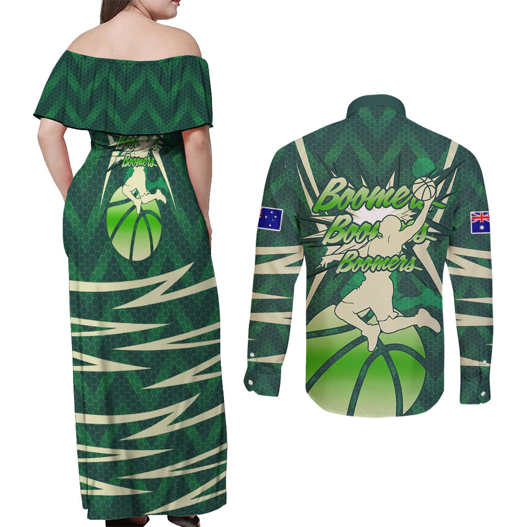 Australian Boomers Basketball Couples Matching Off Shoulder Maxi Dress and Long Sleeve Button Shirt Green Hexagon Camo Style With Dynamic Slam Dunk Graphic