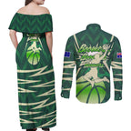 Australian Boomers Basketball Couples Matching Off Shoulder Maxi Dress and Long Sleeve Button Shirt Green Hexagon Camo Style With Dynamic Slam Dunk Graphic