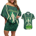 Australian Boomers Basketball Couples Matching Off Shoulder Short Dress and Hawaiian Shirt Green Hexagon Camo Style With Dynamic Slam Dunk Graphic