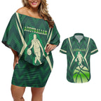 Australian Boomers Basketball Couples Matching Off Shoulder Short Dress and Hawaiian Shirt Green Hexagon Camo Style With Dynamic Slam Dunk Graphic