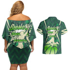 Australian Boomers Basketball Couples Matching Off Shoulder Short Dress and Hawaiian Shirt Green Hexagon Camo Style With Dynamic Slam Dunk Graphic