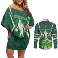 Australian Boomers Basketball Couples Matching Off Shoulder Short Dress and Long Sleeve Button Shirt Green Hexagon Camo Style With Dynamic Slam Dunk Graphic