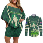 Australian Boomers Basketball Couples Matching Off Shoulder Short Dress and Long Sleeve Button Shirt Green Hexagon Camo Style With Dynamic Slam Dunk Graphic