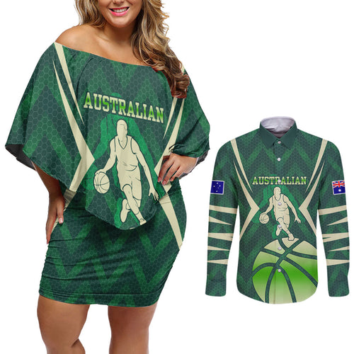 Australian Boomers Basketball Couples Matching Off Shoulder Short Dress and Long Sleeve Button Shirt Green Hexagon Camo Style With Dynamic Slam Dunk Graphic