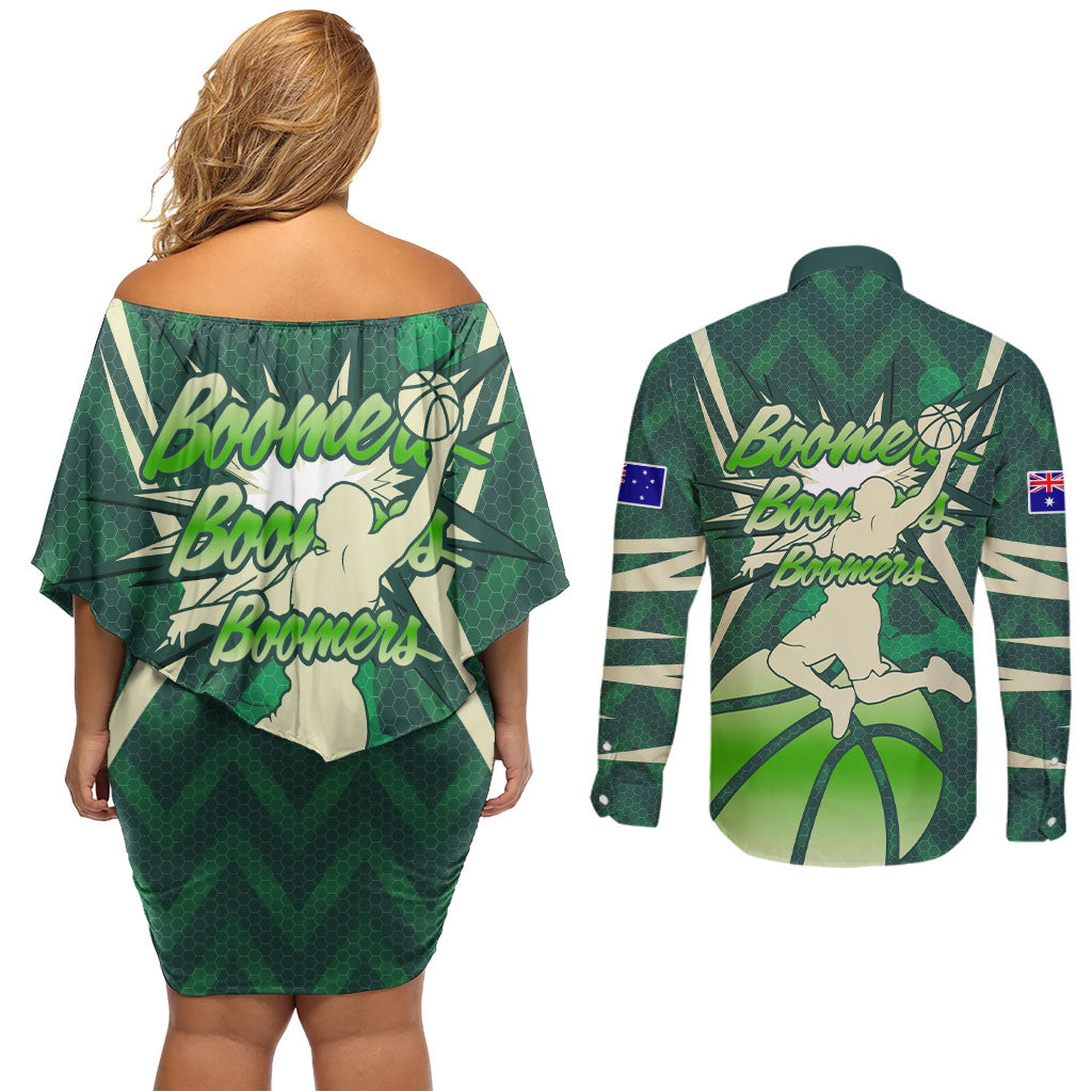 Australian Boomers Basketball Couples Matching Off Shoulder Short Dress and Long Sleeve Button Shirt Green Hexagon Camo Style With Dynamic Slam Dunk Graphic